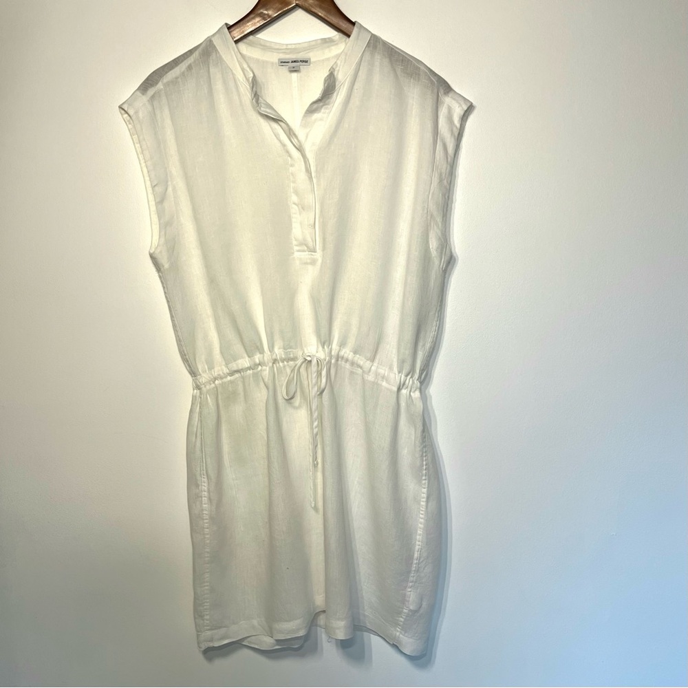 JAMES PERSE 100% Linen Drawstring Dress, mini, white hidden button 3, la… - Picture 2 of 6